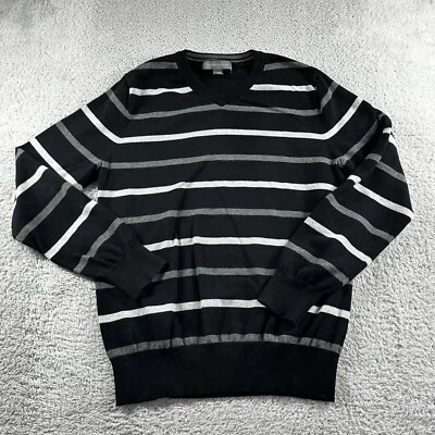 Suéter Grayson & Dunn Para Hombre Mediano Negro Rayas Cuello en V Informal Tejido Preppy Foto 1 de 4
