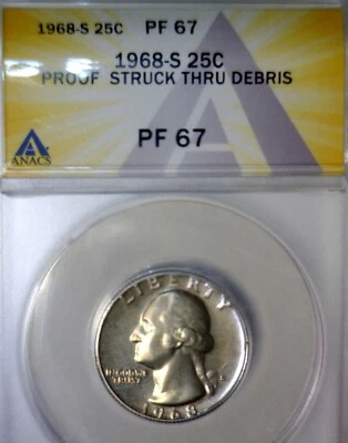 1968s ERROR ANACS PR67 Struck Thru Thread Washington Quarter GEM Proof Coin  NR - Image 1 of 4