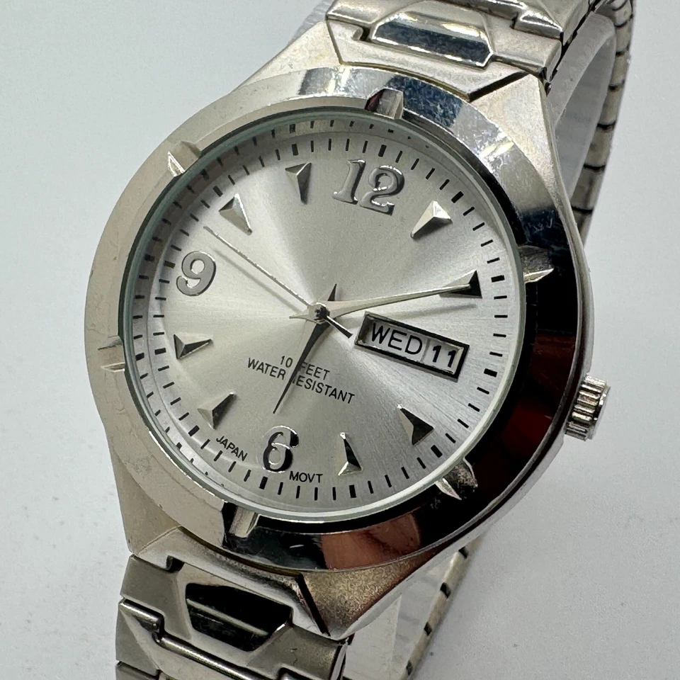 VTG FMD Quartz Watch Men 30m Silver Japan Movt Stretch Day Date Analog New Batte - image 1 of 4