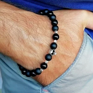 🖤 Bracciale da Uomo in Onice Nero e Argento Sterling 925 – Elastico | Teschio💀 - Foto 1 di 2