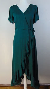 Blue Rain Green Wrap Dress Midi Women's Medium Ruffle Short Sleeve Maxi Poly - Picture 1 of 13