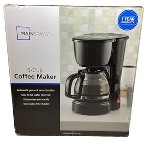 Mainstays 5 Cup Drip Coffee Maker Black Carafe Easy Fill Pause Filter Basket NEW - Picture 1 of 4