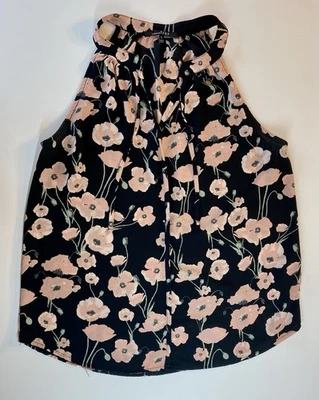 Blusa Top LEMON TART Negra Estampado Floral Sin Mangas Cuello Alto Crepé Talla Grande Foto 1 de 4