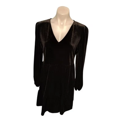 Miss Selfridge Women's Black Velvet Knee Length Babydoll Dress Waist Tie Size 8 - Image 1 of 4