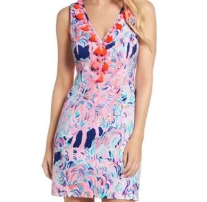 Abito Lilly Pulitzer Cabrey Shift taglia 8 fenicotteri rosa pellicano pompon nappe - Foto 1 di 6