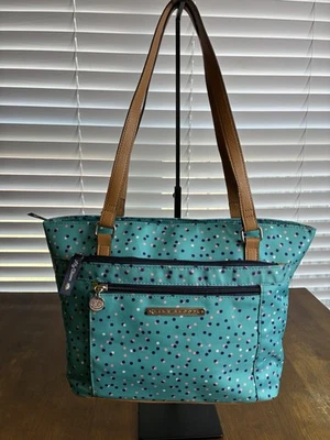 Lily Bloom Everyday Purse Shoulder Bag Carry-all Tote Pockets Teal Polka Dots - Image 1 of 4