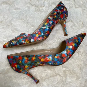 Manolo Blahnik Multicolor Floral Print Satin Pointed Toe Pumps Heels Size 39.5 - Picture 1 of 15