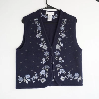 VTG Robert Scott Ltd Womens Navy Blue Floral Embroidered Wool Vest M Teacher - Image 1 of 4