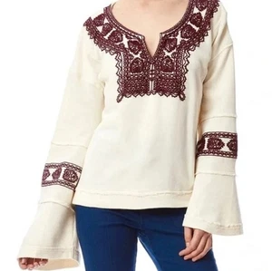 Free People Santa Maria Boho Embroidered Peasant French Terry Top-SCARLET-M-L - Picture 1 of 22