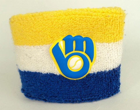 VINTAGE Milwaukee Brewers Old Logo Ball Glove Yellow & Blue Wristband Cover