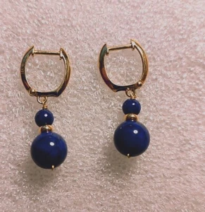 14k Y. Solid Gold 3mm &-8.5mm Lapis Lazuli Beads Dangle Hoop Earrings((C19)) - Picture 1 of 4