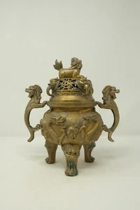 Antique Brass Dragon Ming Dynasty Chinese Incense Burner - Picture 1 of 4