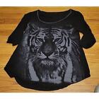 T-shirt longueur tunique noir 3/4 manches strass lion foule A-Line - taille L