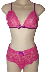 Bright Pink Lace Bra Top & Tanga Shorts Set UK 10 - 12 M - L Lingerie - Picture 1 of 7