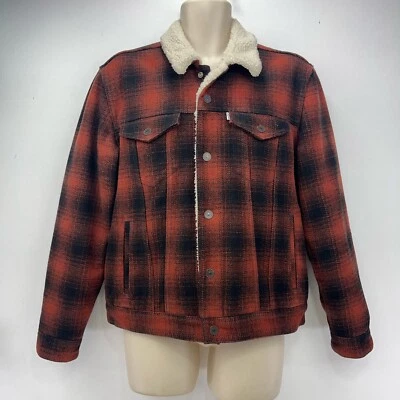Levi’s American Red Wool Check Trucker Sherpa Jacket Men’s Size Medium - Image 1 of 4