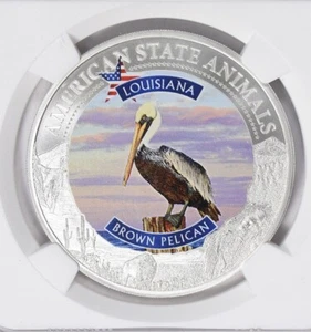 Moneda de plata 2021 serie animal estatal de Estados Unidos 1 oz - NGC MS70 - LA pelícano marrón - Imagen 1 de 7