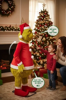 Decoración de Navidad animada de tamaño natural de 6 pies para cantar y bailar Grinch difuso Foto 1 de 4