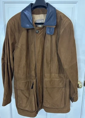 Vera Pelle Men’s Brown Suede Blue Leather Barn Jacket Coat Size 52 Made In Italy - Image 1 of 4
