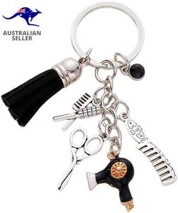 Cute Hairdresser Comb Scissors Hair Dryer Keychain Tassel Black Diamond Charm Gi - Picture 1 of 3