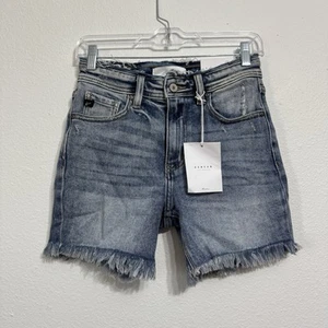 Kancan Blue High Rise Distressed Denim Jean Shorts Raw Hem Size Small #KC9262M - Picture 1 of 11