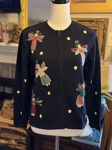 SELTENER EUC Damenpullover schwarz Holiday Angel mit Knopfleiste. Größe S. - Bild 1 von 6