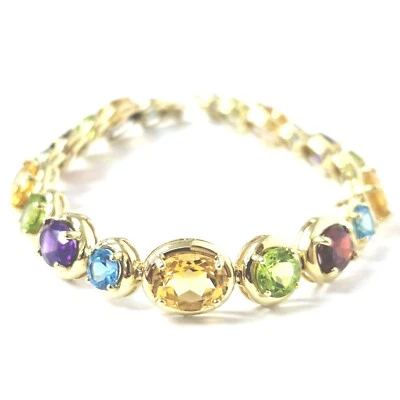 9ct Gold Gemstone Bracelet Amethyst Citrine Garnet Peridot Topaz 7.5 Inch 16.5g - Image 1 of 4