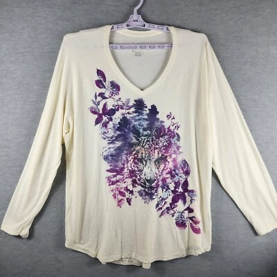 Just My Size Shirt Womens Plus 3X Ivory Purple Glitter Tiger Long Sleeve V-Neck - Image 1 of 4