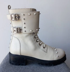 TWINSET Stiefel Punk Boots 37 Weiß Leder Nieten Schnalle Riegel Schuhe Italien - Bild 1 von 12