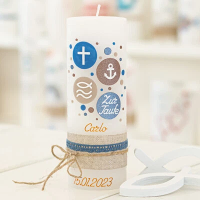 meinkerzenshop® Taufkerze Rustik CARLO wachsverziert und personalisiert Junge