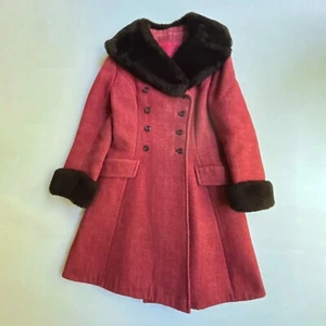 Vtg La Vogue Coat Girls Size 7 Red Pea Wool Faux Fur Collar Double Breasted Long - Picture 1 of 8
