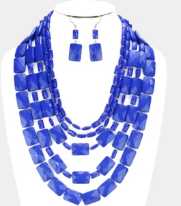 ROYAL BLUE Necklace Set Pearl Long Bib Multi Layered Strand Chunky Bead - Picture 1 of 2