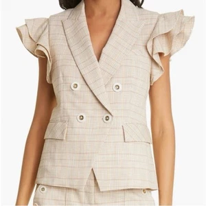 Veronica Beard Janae karierter Rüschen Blazer Jacke Knopfleiste khaki bunt Größe 0 neu mit Etikett - Bild 1 von 10