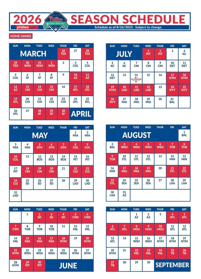 2026 Major League Baseball Teams Schedule Magnets 5" X 3.5"(Choose From List) - Image 1 of 1