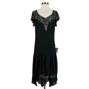 JKara Women's Cocktail Dress Size 14 Black Beaded Chiffon Handkerchief Midi Hem - Picture 1 of 12