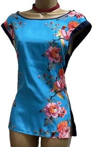 Turquoise Floral Satin Front Viscose Jersey Back Cap Sleeve Top Oasis size M - Picture 1 of 12