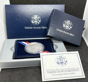 2002-P Uncirculated SLC Olympic Games 90% Silver Commemorative Dollar, Box. COA! - Picture 1 of 3