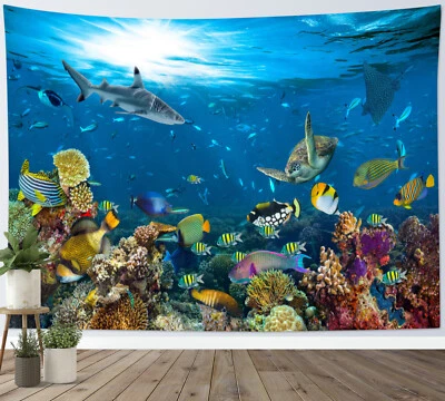 Underwater World Sea Turtle and Shark Tapestry for Bedroom Living Room Dorm - Image 1 of 4