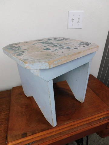 Antique Wood Milking Stool Handmade Primitive Farmhouse Kitchen Stand Blue Pntd Cover