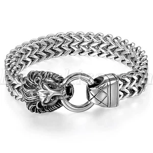 Pulsera de Colección Cabeza de León Para Hombre Tono Plateado Pesado Acero Inoxidable Cadena de Motociclista - Imagen 1 de 5