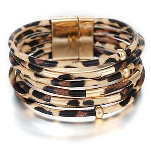 Leopard Bracelet for Women (7.68&#8221;) Multi Layered Animal Cheetah Print Natu - Picture 1 of 7