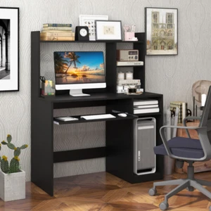 Computer Desk Bookcase Keyboard Tray CPU Stand Charging Station Shelves Black - Picture 1 of 11