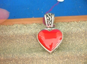 Sterling silver heart shape reversible pendant. Red enamel and filigree design - Picture 1 of 9