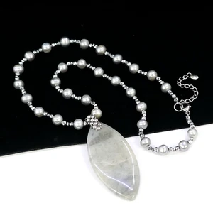 LUCAS LAMETH GREY NATURAL STONE PENDANT PEARL BEAD STERLING SILVER NECKLACE 22" - Picture 1 of 6