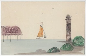 Handgezeichnete, handbemalte, handgefertigte Stempel Collage Postkarte, Segelboot, Leuchtturm - Bild 1 von 2