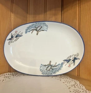 Vintage Porcelain Flying Cranes Oval Serving Dish Small Platter Side Dish Blue W - Picture 1 of 5