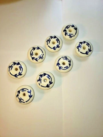 Set of 8 Vintage White Ceramic Drawer Knobs  with blue hand painted Vines Cover