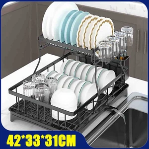 2 Tier Kitchen Sink Dish Drainer Rack Cutlery Holder Plate Racks With Drip Tray - Picture 1 of 17