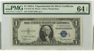 1935A $1 Experimental S Silver Certificate fr. 1610 - PMG 64 EPQ - Image 1 of 2