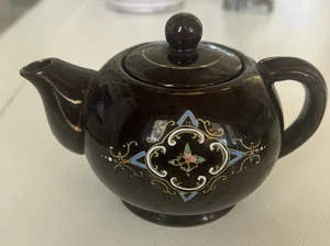 Antigua tetera marrón vintage con diseño pintado a mano y dorado Japón - Imagen 1 de 5