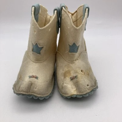 De colección Par De Botas De Vaquero De Lana Cosidas A Mano Bebé Azul Blanco Estrella Rosa Foto 1 de 4